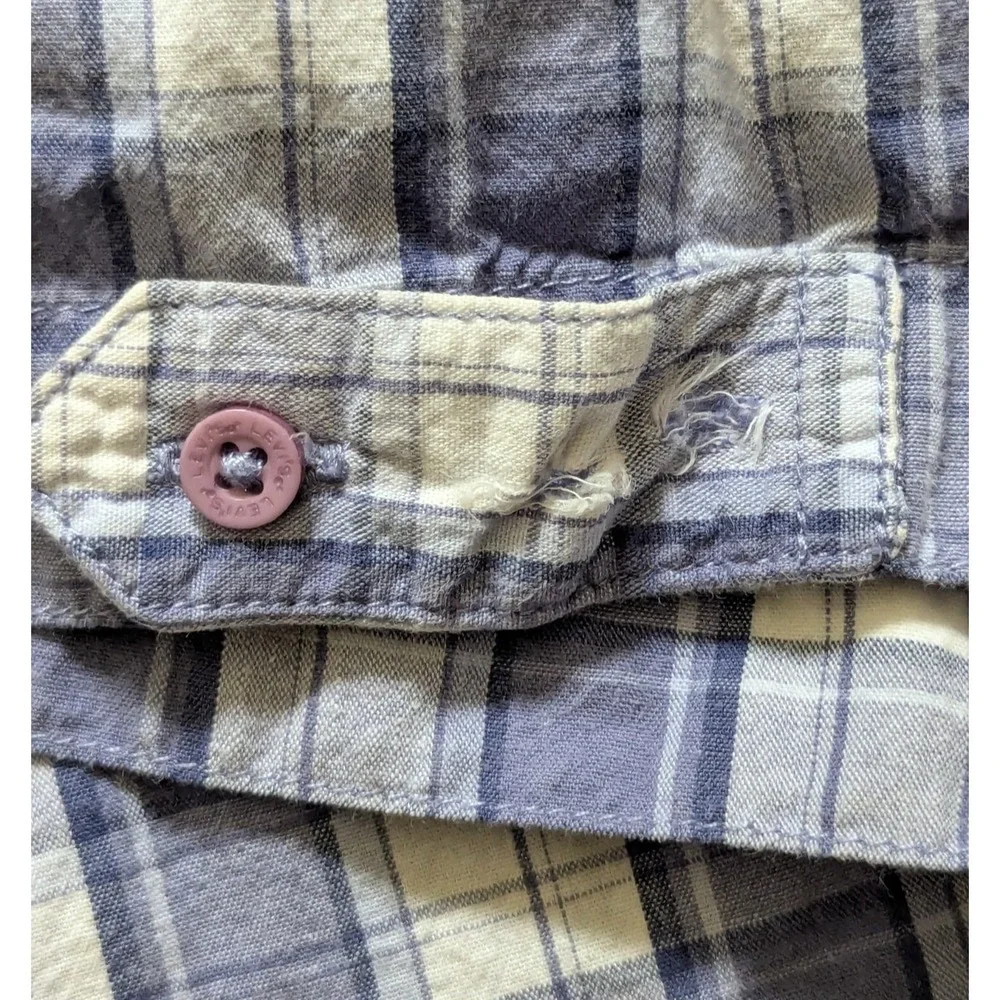 Levi's The Two Horse Brand Shirt Men's XL White Blue Plaid Tab Sleeve Pearl Snap